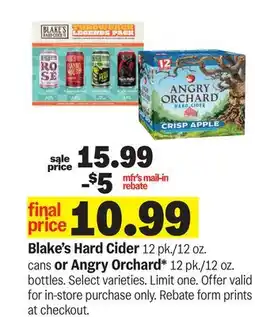 Meijer Blake's Hard Cider 12 pk./12 oz. cans or Angry Orchard* 12 pk./12 oz. bottles offer