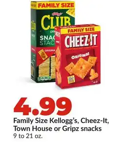 Hy-Vee Family Size Kellogg's, Cheez-It, Town House or Gripz snacks offer