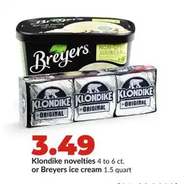 Hy-Vee Klondike novelties 4 to 6 ct. or Breyers ice cream 1.5 quart offer