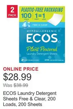 Costco ECOS Laundry Detergent Sheets Free & Clear, 200 Loads, 200 Sheets offer
