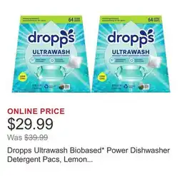 Costco Dropps Ultrawash Biobased* Power Dishwasher Detergent Pacs, Lemon Citrus, 128-count offer
