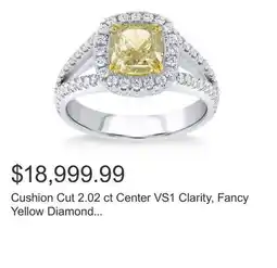 Costco Cushion Cut 2.02 ct Center VS1 Clarity, Fancy Yellow Diamond Platinum Halo Ring offer