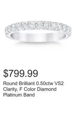 Costco Round Brilliant 0.50ctw VS2 Clarity, F Color Diamond Platinum Band offer