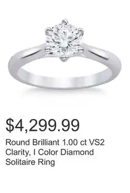 Costco Round Brilliant 1.00 ct VS2 Clarity, I Color Diamond Solitaire Ring offer