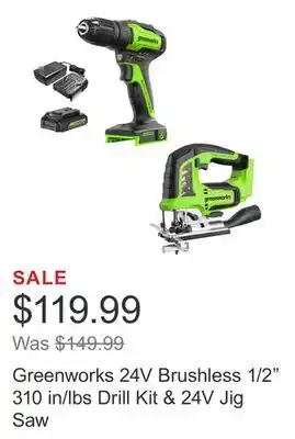 Costco Greenworks 24V Brushless 1/2 310 in/lbs Drill Kit & 24V Jig Saw offer