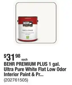 The Home Depot BEHR PREMIUM PLUS 1 gal. Ultra Pure White Flat Low Odor Interior Paint offer