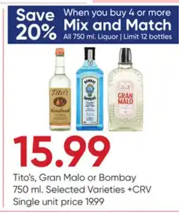 Stater Bros Tito's, Gran Malo or Bombay offer