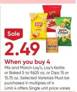 Stater Bros Lay's, Lay's Kettle or Baked 5 to 9.625 oz. or Dips 15 or 15.75 oz offer