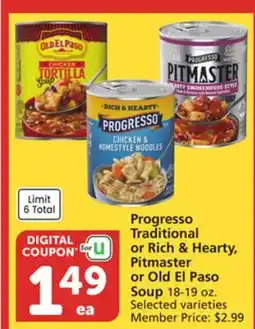 Albertsons Progresso Traditional or Rich & Hearty, Pitmaster or Old El Paso Soup offer