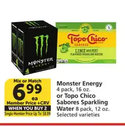 Albertsons Monster Energy 4 pack, 16 oz. or Topo Chico Sabores Sparkling Water 8 pack, 12 oz offer
