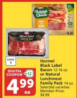 Albertsons Hormel Black Label Bacon 12-16 oz or Natural Lunchmeat Family Pack 14 oz offer
