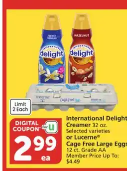 Albertsons International Delight Creamer 32 oz. or Lucerne Cage Free Large Eggs 12 ct. Grade AA offer