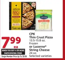 Albertsons CPK Thin Crust Pizza 13.5-15.8 oz. Frozen or Lucerne String Cheese 24 oz offer