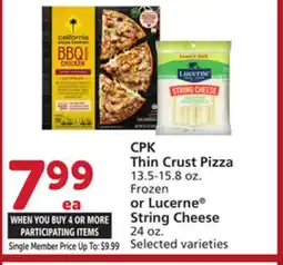 Vons CPK Thin Crust Pizza 13.5-15.8 oz. Frozen or Lucerne String Cheese 24 oz offer
