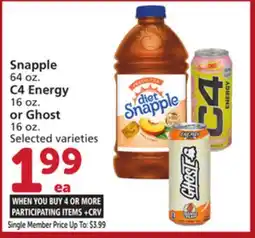 Vons Snapple 64 oz. C4 Energy 16 oz. or Ghost 16 oz offer