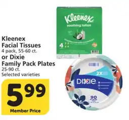 Vons Kleenex Facial Tissues 4 pack, 55-60 ct. or Dixie Family Pack Plates 25-90 ct offer