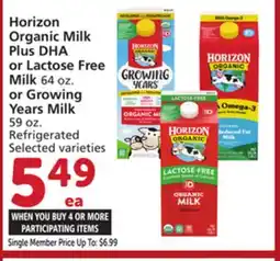 Vons Horizon Organic Milk Plus DHA or Lactose Free Milk 64 oz. or Growing Years Milk 59 oz offer