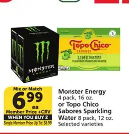 Vons Monster Energy 4 pack, 16 oz. or Topo Chico Sabores Sparkling Water 8 pack, 12 oz offer