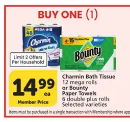 Vons Charmin Bath Tissue 12 mega rolls or Bounty Paper Towels 6 double plus rolls offer