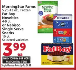 Vons MorningStar Farms 5.25-12 oz., Frozen Fat Boy Novelties 4-9 ct. or Nabisco Single Serve Snacks 10 ct offer
