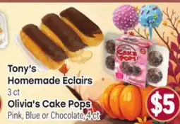 Tony’s Fresh Market Tony's Homemade Eclairs 3ct Olivia's Cake Pops Pink, Blue or Chocolate, 4ct offer