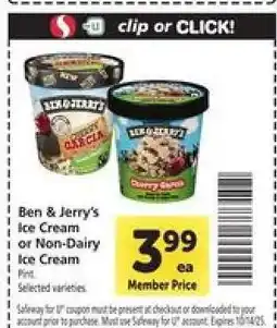 Safeway Ben & Jerry's Ice Cream or Non-Dairy Ice Cream offer