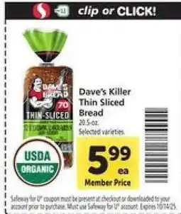 Safeway Dave's Killer Thin-Sliced Bread offer
