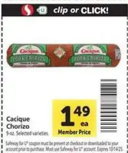 Safeway Cacique Chorizo offer