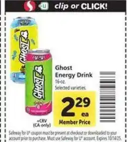 Safeway Ghost Energy Drink offer