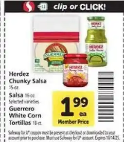 Safeway Herdez Chunky Salsa, Guerrero White Corn Tortillas offer