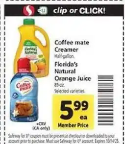 Safeway Coffee mate Creamer, Florida's Natural Orange Juice offer