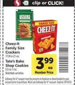 Safeway Cheez-It Family Size Crackers / Tate's Bake Shop Cookies offer