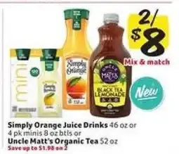 Winn Dixie Simply Orange Juice Drinks or Uncle Matt's Organic Tea offer
