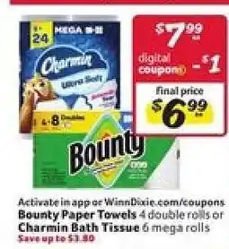 Winn Dixie Bounty Paper Towels or Charmin Bath Tissue offer
