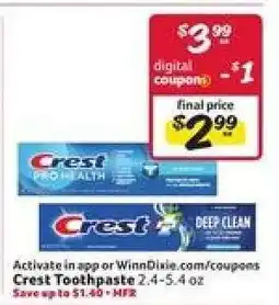 Winn Dixie Crest Toothpaste offer