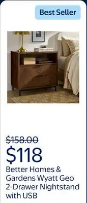 Walmart Better Homes & Gardens Wyatt Geo 2-Drawer Nightstand with USB, Walnut Finish offer