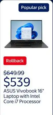 Walmart ASUS Vivobook 16 WUXGA Laptop Intel Core i7-1355U 16GB RAM 512GB SSD Black offer
