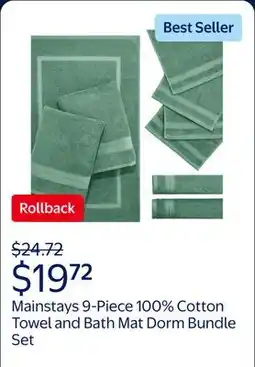 Walmart Mainstays 9-Piece 100% Cotton Towel and Bath Mat Dorm Bundle Set, Green Sage offer