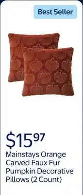 Walmart Mainstays 18 x 18 Orange Carved Faux Fur Pumpkin Decorative Pillows (2 Count) offer