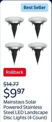 Walmart Mainstays Solar Powered Stainless Steel LED Landscape Disc Lights, 12 Lumens (4 Count) offer