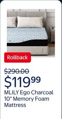 Walmart MLILY Ego Charcoal 10 Twin, Medium, Gel Memory Foam Mattress offer