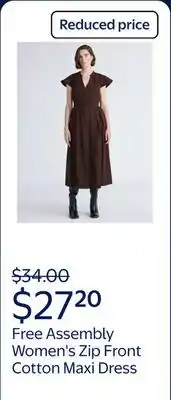 Walmart Free Assembly Women's and Women's Plus Zip Front Cotton Maxi Dress with Flutter Sleeves, Sizes XS-4X offer