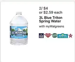 Walgreens 3L Blue Triton Spring Water offer