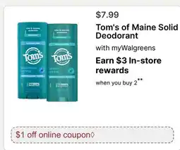 Walgreens Tom's of Maine Solid Deodorant offer