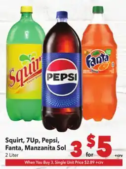 Vallarta Supermarkets Squirt, 7Up, Pepsi, Fanta, Manzanita Sol offer