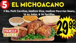 Superior Grocers EL MICHOACANO 3 lbs. Pork Carnitas, Medium Rice, Medium Peruvian Beans, 16 oz. Salsa, & 36 Tortillas offer