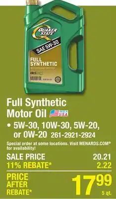 Menards Full Synthetic Motor Oil offer