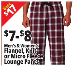 Ocean State Job Lot Men's & Women's Flannel, Knit or Micro Fleece Lounge Pants offer