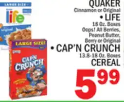 C Town QUAKER LIFE CAP'N CRUNCH CEREAL offer