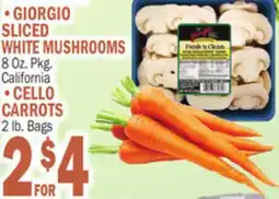 Bravo Supermarkets GIORGIO SLICED WHITE MUSHROOMS 8 Oz. Pkg. CELLO CARROTS 2 lb. Bags offer